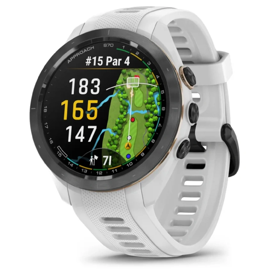 Смарт-часы Garmin Approach S70 42mm (010-02746-11) Black/Peach with White Silicone Band фото 1