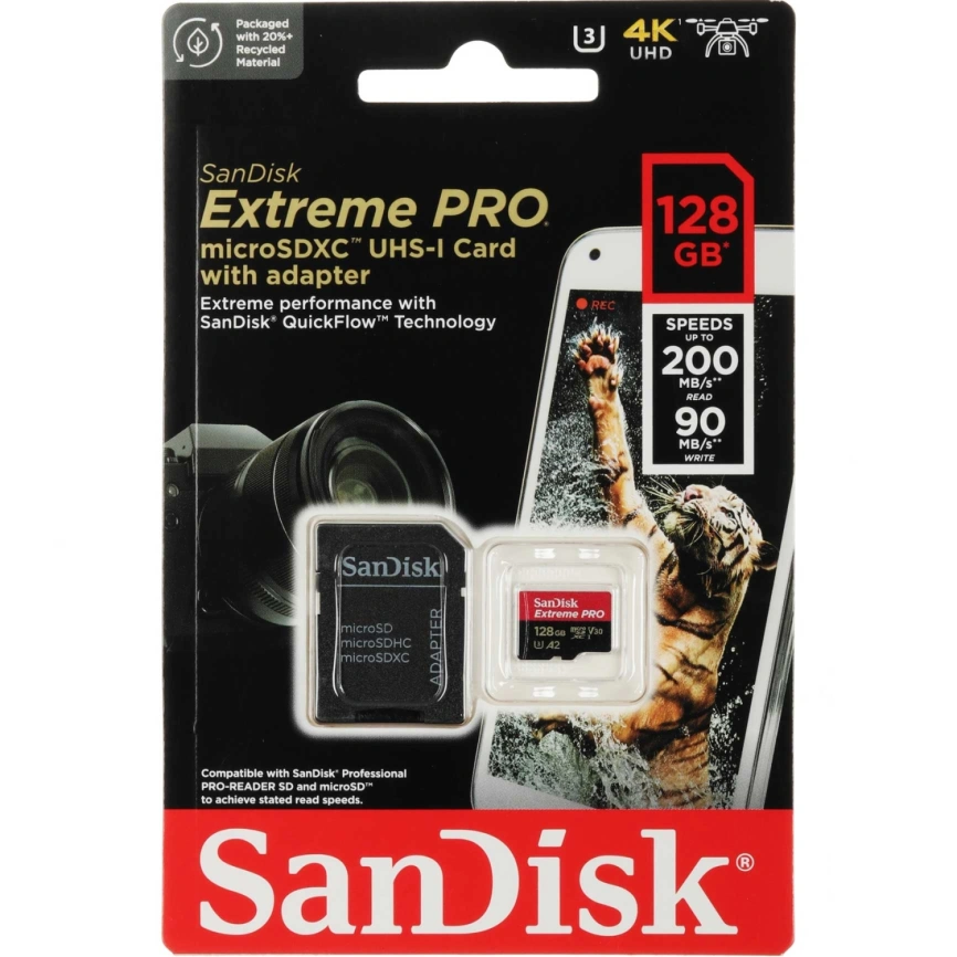 Карта памяти Sandisk Extreme Pro MicroSDXC Class 10/UHS-I/U3/V30/A2 SDSQXCD-128G-GN6MA + адаптер фото 2