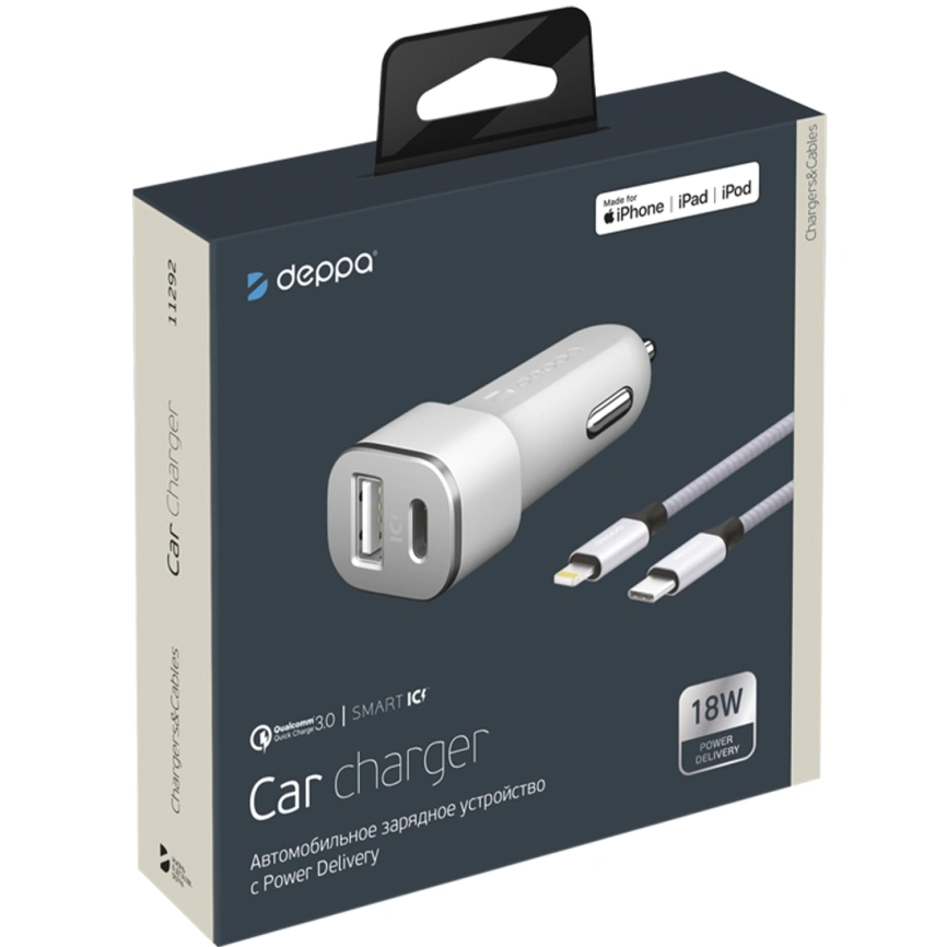 Автомобильное зарядное устройство Deppa 18W USB-A/USB-C 11292 White фото 2